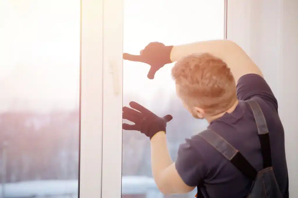 Installation professionnelle de fenêtre PVC sur mesure Installateur professionnel posant une fenêtre en PVC blanc, portant des gants de protection noirs.