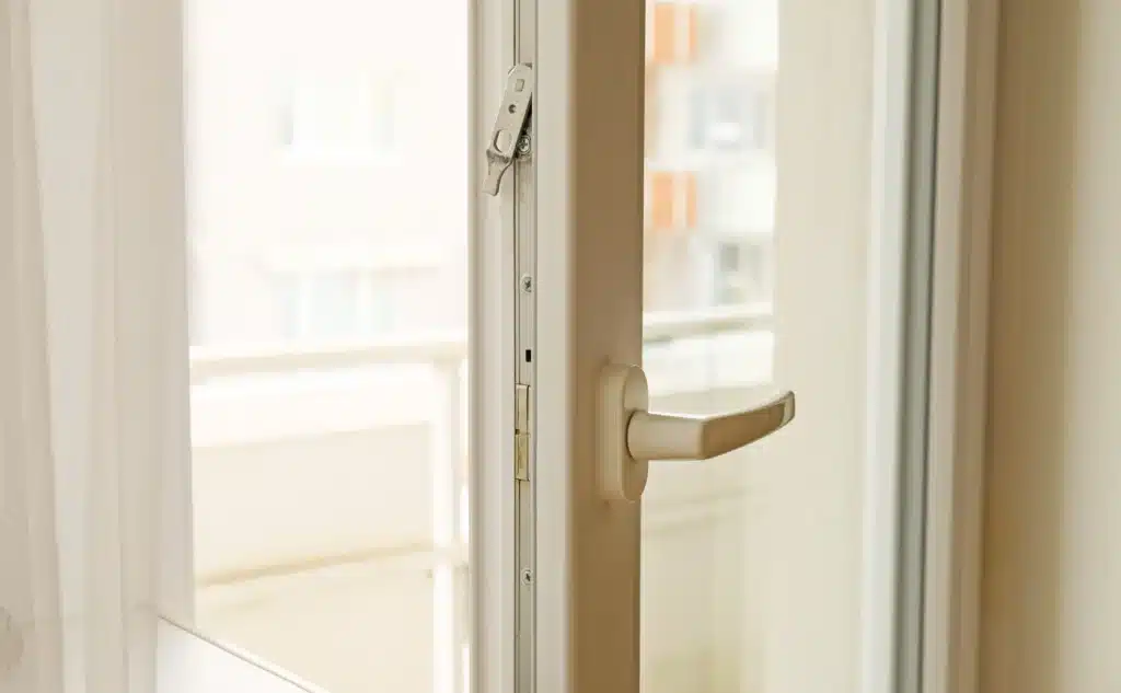 Poignée de Fenêtre PVC Blanche et Mécanisme de Fermeture Poignée de fenêtre PVC blanche ouverte avec mécanisme de verrouillage apparent sur fond urbain flou.